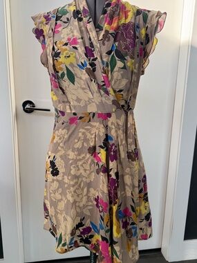 Pinkerton Taupe Silk Floral Wrap Mini Dress with Multicolor Print